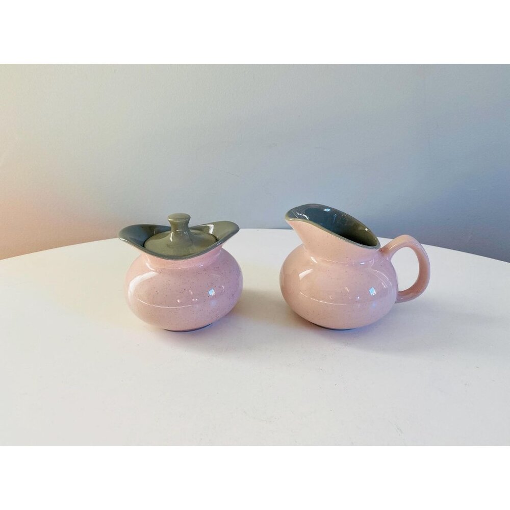 Vintage Harkerware Creamer and Sugar Bowl, Shell Pink Harkerware Stoneware, MCM